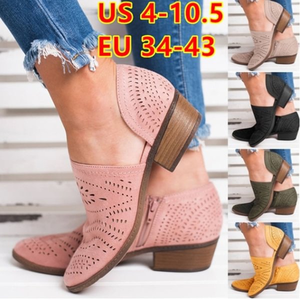 DealCrafty Summer New Fashion Womens Comfortable Breathable Shoes Faux Suede Zipper Ankle Shoes Female Casual Hollow-out Chunky Heel Shoes Plus Size