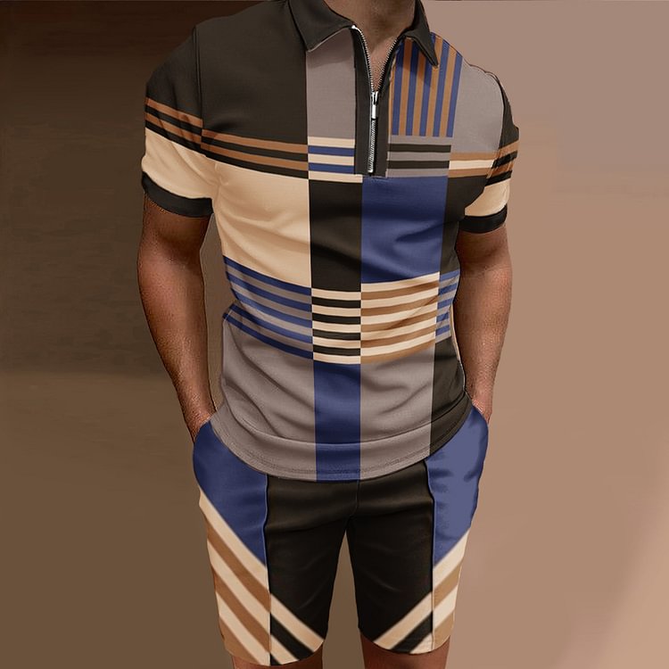BrosWear Casual Geometry Polo And Shorts Two-Piece Set