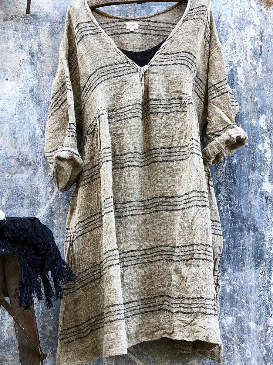 Womens Striped Print V-neck Casual Linen Dress
