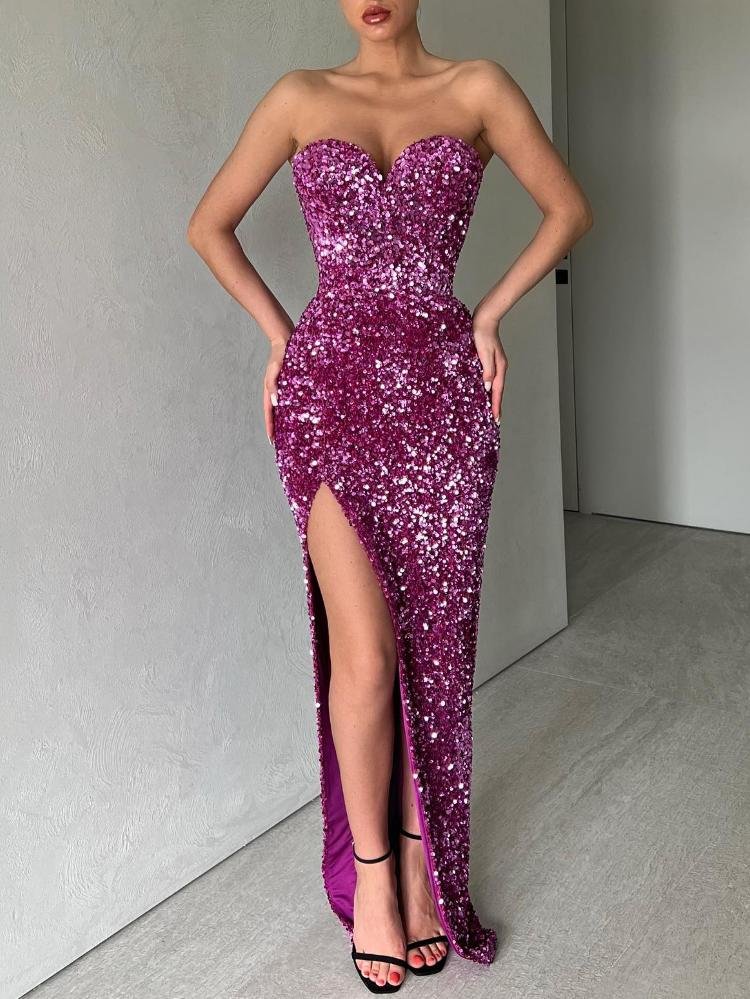 Promsstyle Promsstyle Sparkling sequin tube top deep slit maxi purple evening dress