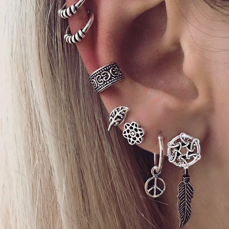   Ethnic dreamcatcher leaf design earrings 7-piece set - Neojana