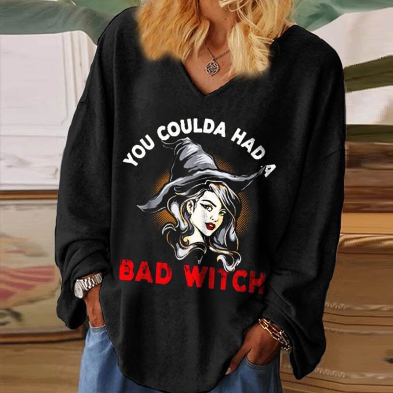 You Coulda Had A Bad Witch Print V-neck Black Long Sleeve Tee