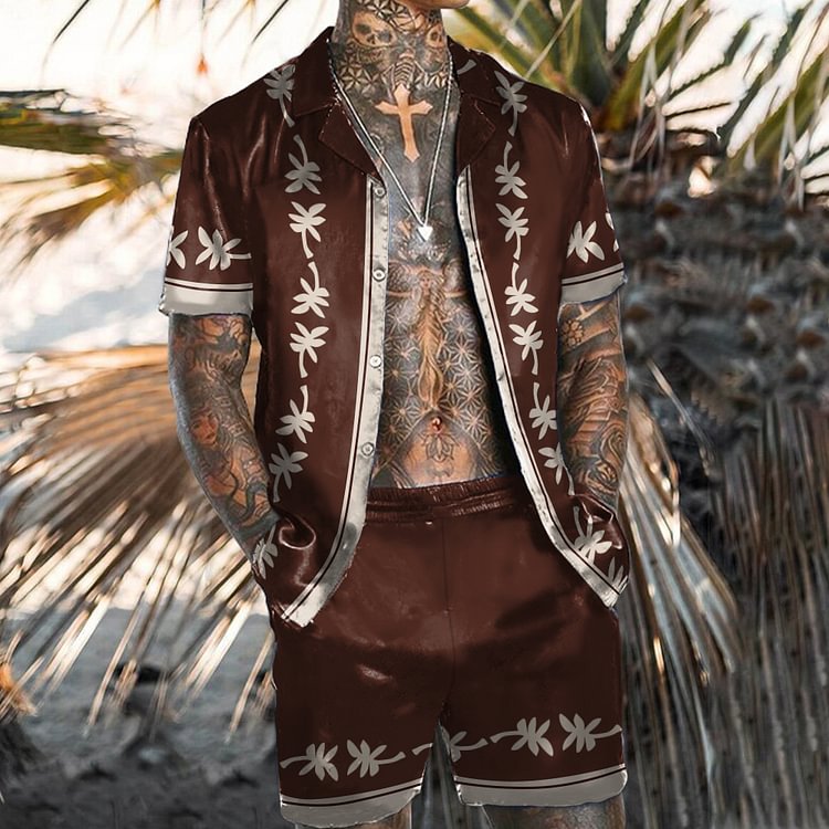 BrosWear Brown Floral Print Shirts And Shorts Beach Two Piece Set