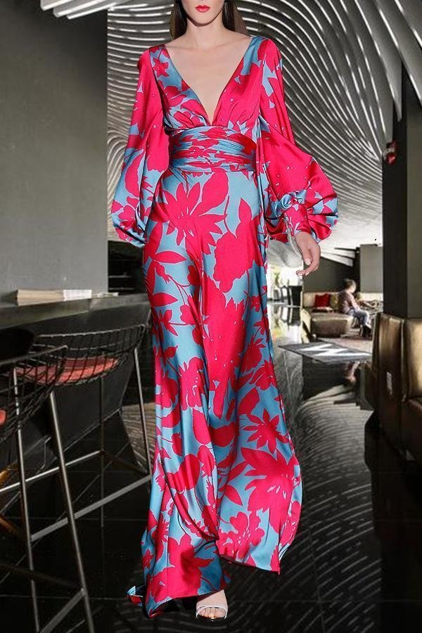 Womens Fashion Elegant Red Earth-printed Long Dress-Allyzone-Allyzone