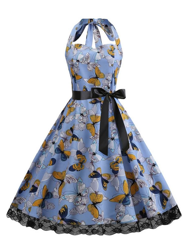 Mayoulove Vintage Dresses Halter A-Line Knee-length Dress with Butterfly Pattern-Mayoulove