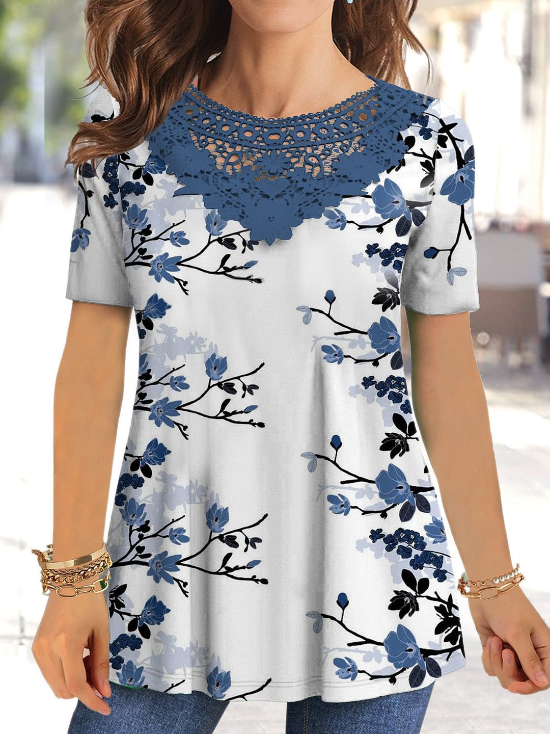 Casual Style Floral Print V Neck Top