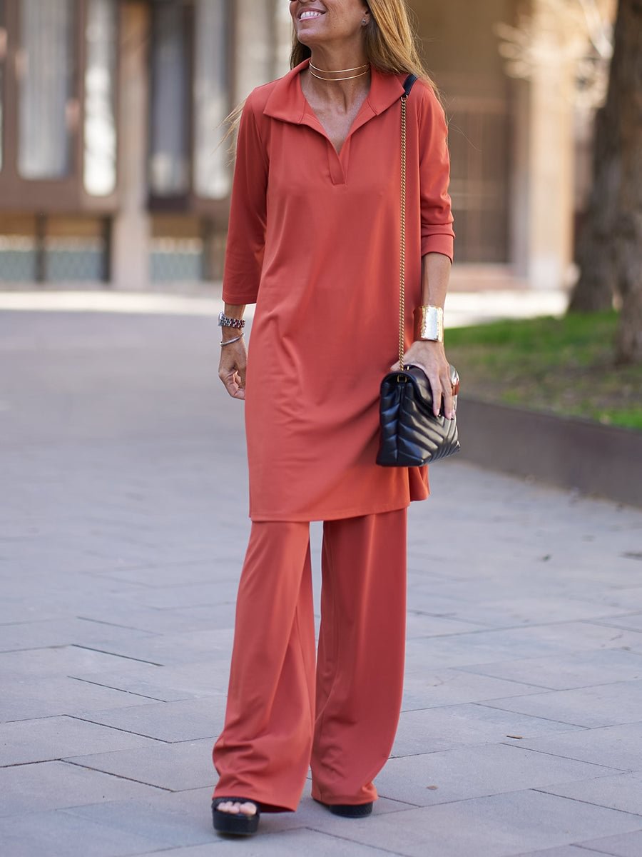 Long Type Top And Trousers Solid Color Set
