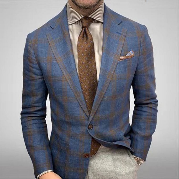 BrosWear Striped Plaid Long Sleeve Stand Collar and Button Blazer blue