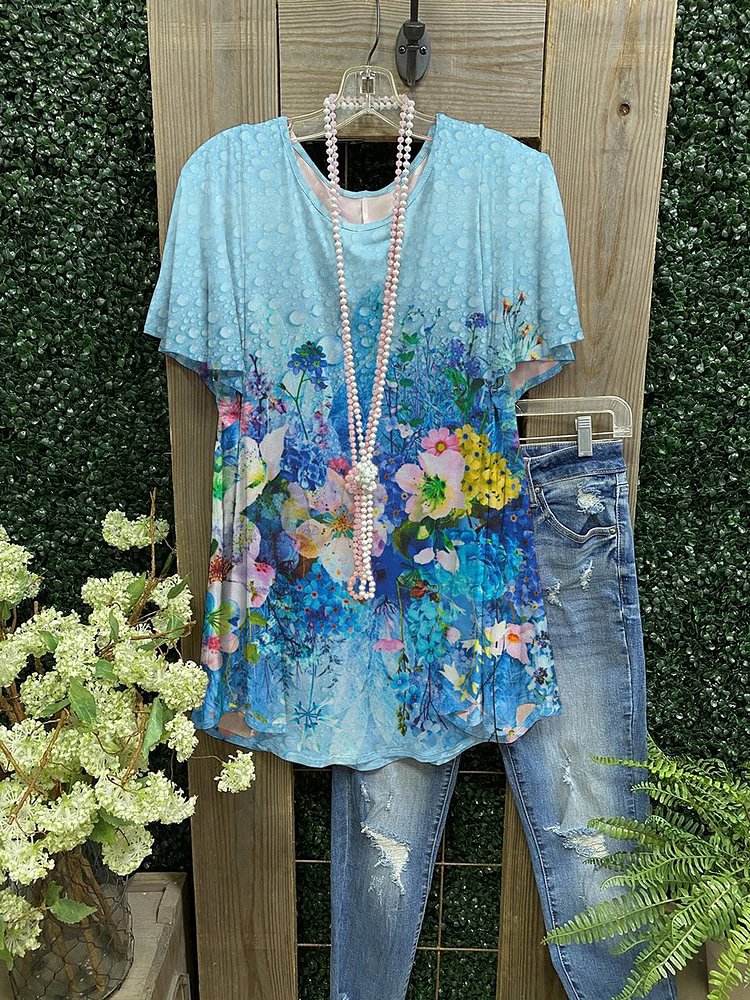 Blue Ladies Floral Print Casual T-Shirt-Mayoulove