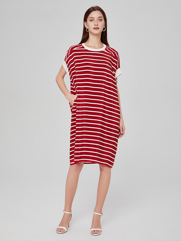 Silk Dress Loose Stripe Round Neck Casual Style