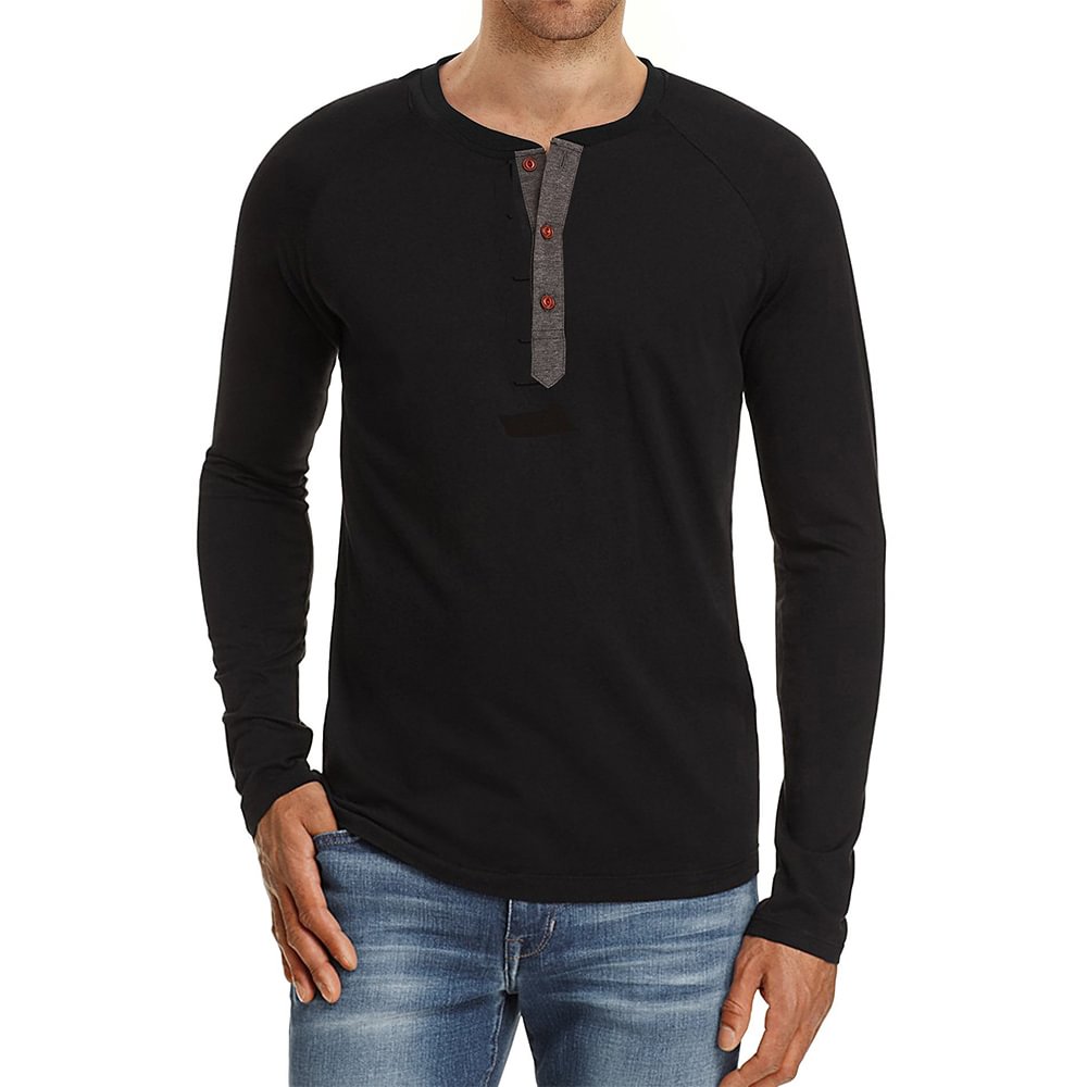 Cotton Men's Solid Casual Long Sleeve Henley Shirts-VESSFUL