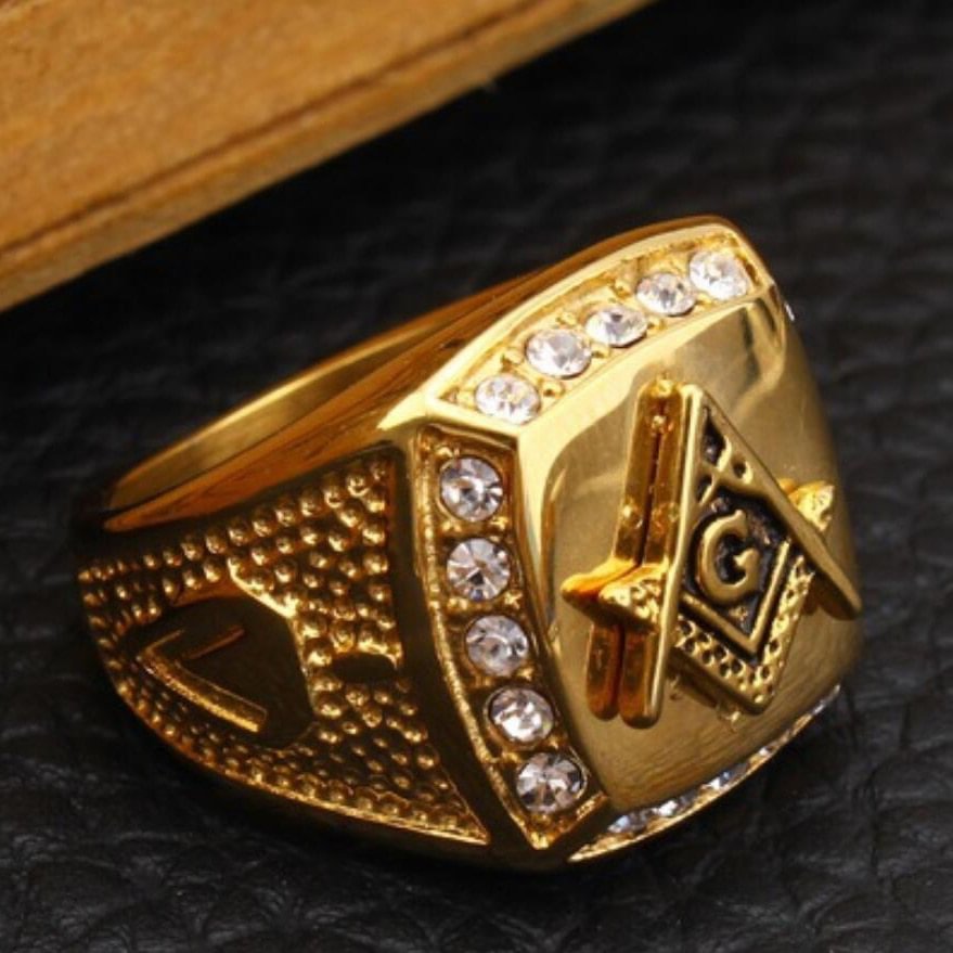 Bling Rhinestone Fremasonr Mason Signet Gold Ring Men Jewelry-VESSFUL
