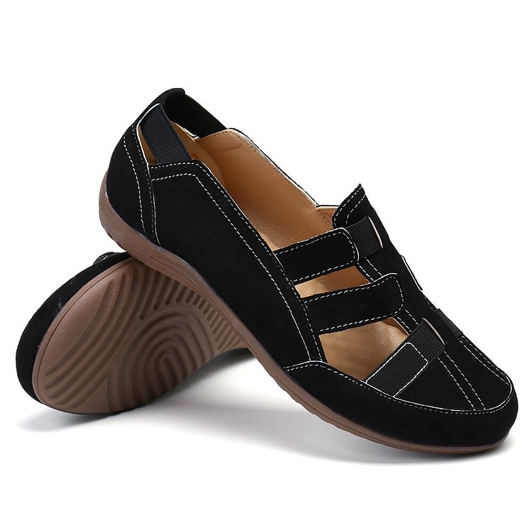 Women Casual Hollow Stitching Comfy Elastic Band Round Toe Suede Flats