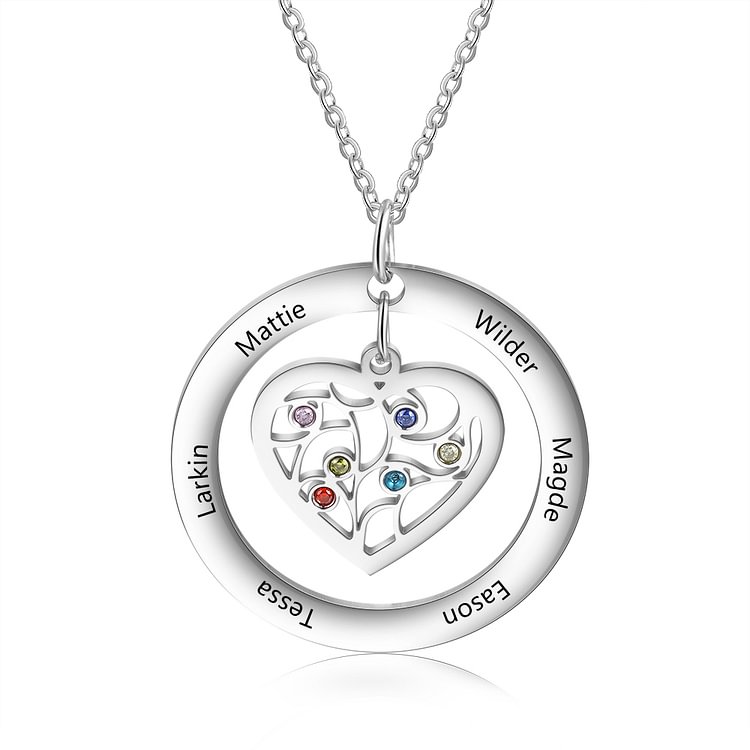 Personalized Heart Family Tree Necklace with 6 Names and 6 Birthstones