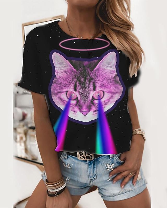 Women's T shirt Cat 3D Print Round Neck Tops Basic Basic Top Rainbow-Corachic