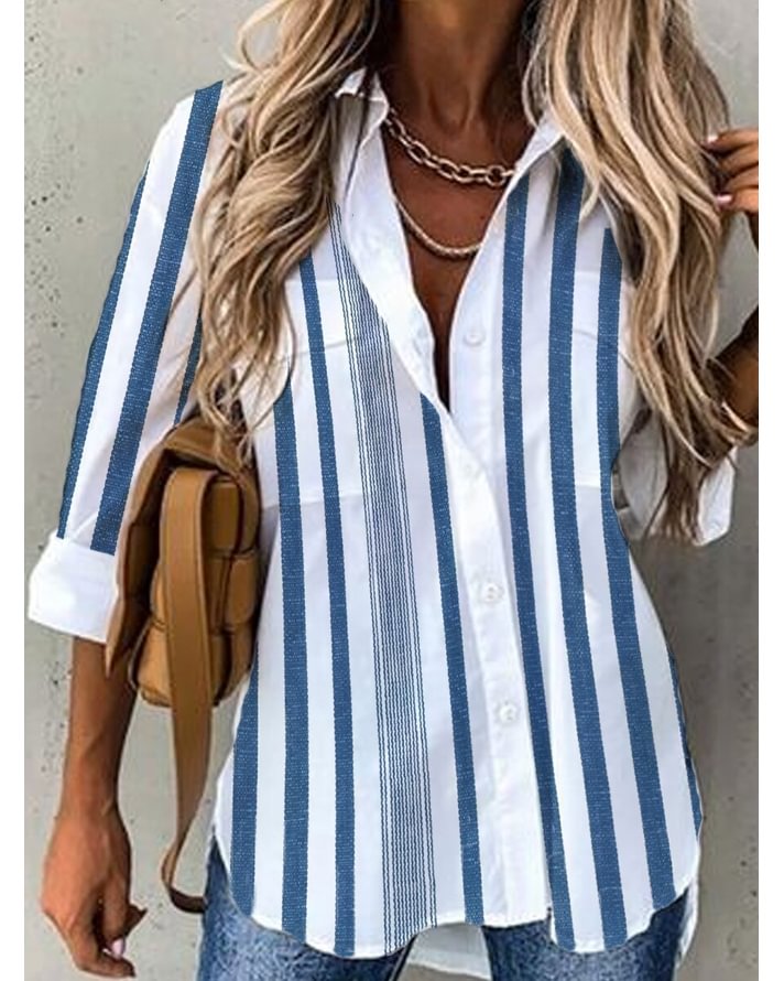 Shirt Collar Stripes Cotton-Blend Long Sleeve Shirts & Tops