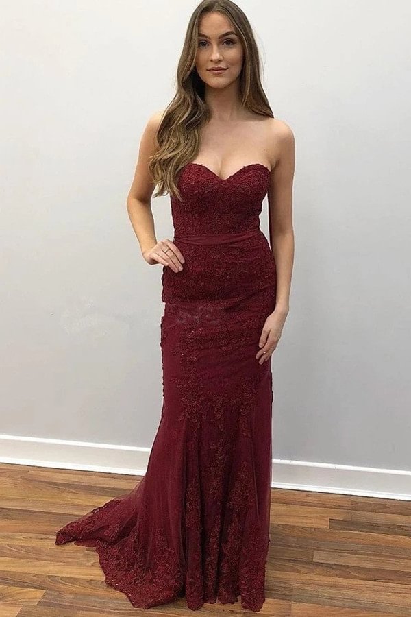 Luluslly Burgundy Sweetheart Lace Prom Dress Mermaid Long