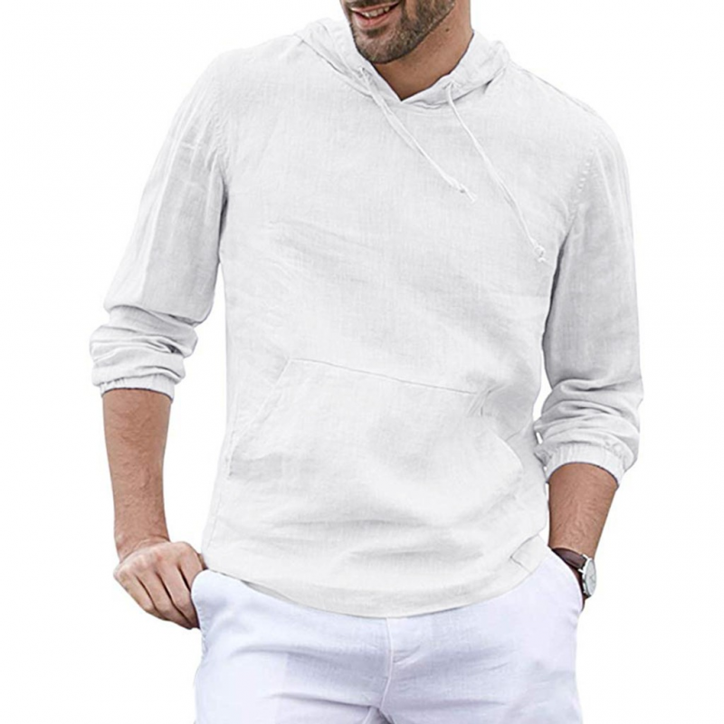 Men Long Sleeve Cotton Linen Top Casual Hooded T-Shirts-VESSFUL