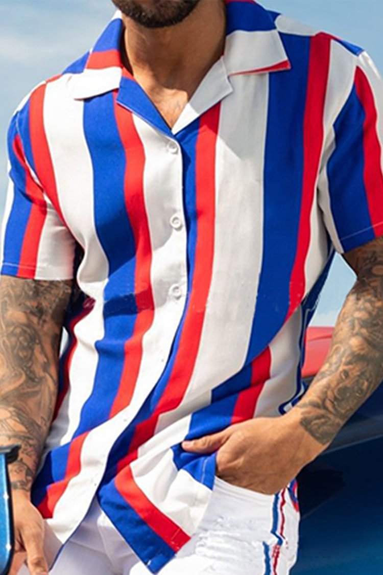 Tiboyz Men'S Striped Colorblock Casual Short Sleeve Shirt