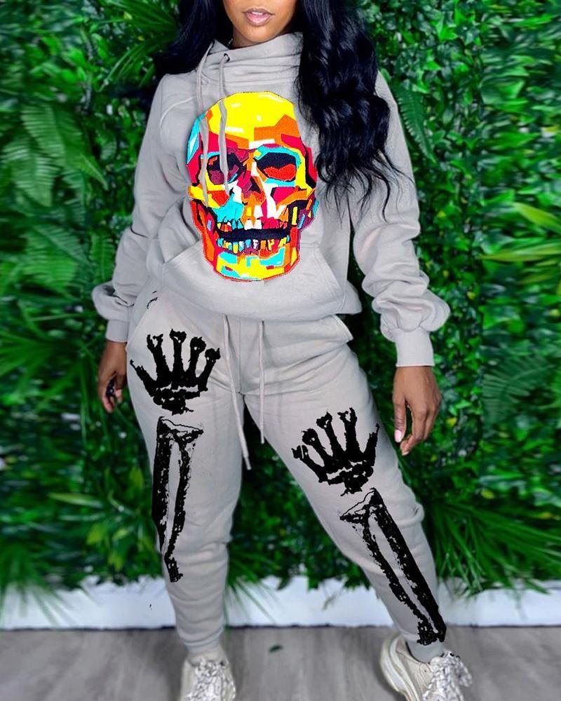 Halloween Skull Print Hooded Top & Drawstring Pants Set P12216