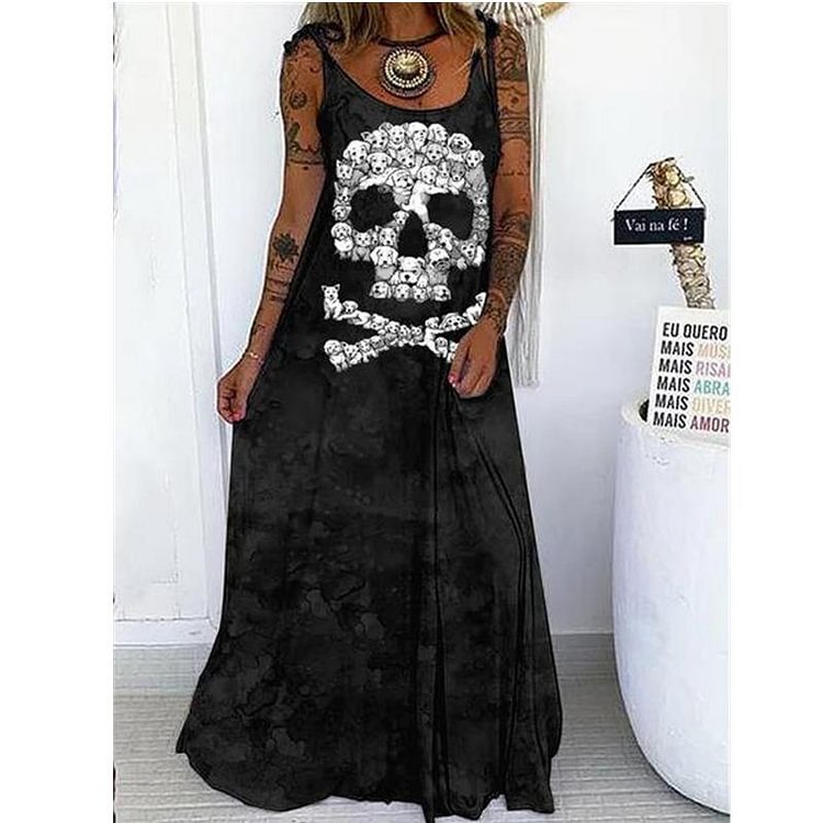 Punk Skull Print Loose Plus Size Lace-up Dress-Mayoulove