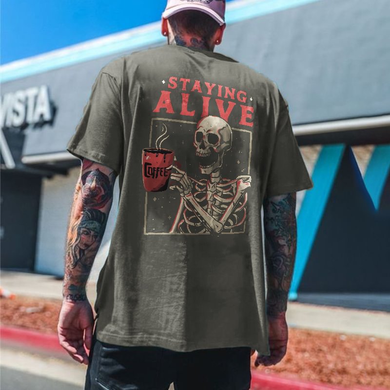 Minnieskull Staying Alive Skull Drink Coffee Printed Men's Casual T-shirt - Minnieskull
