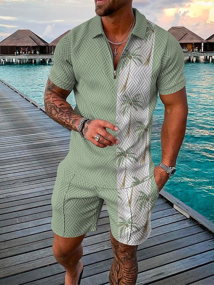 Men's Holiday Contrast Color Coconut Tree Printed Polo Suit