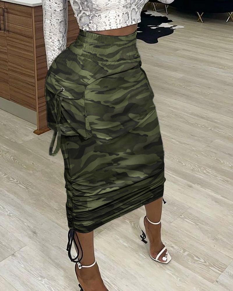 Camouflage Print Pocket Design Ruched Maxi Skirt P10440