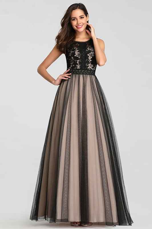 Elegant Black Lace Tulle Long Prom Dress Sleeveless