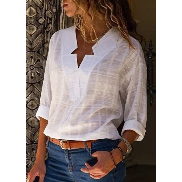 Large size Women's Blouse Long-sleeved Shirt Solid Color V-neck Casual Blouses-Corachic