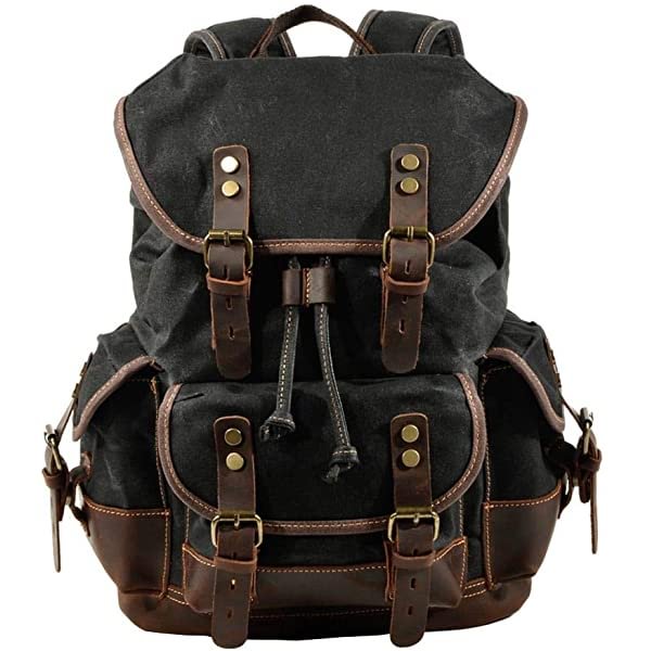 VRIGOO Genuine Leather Waxed Canvas Shoulder Travel Backpack