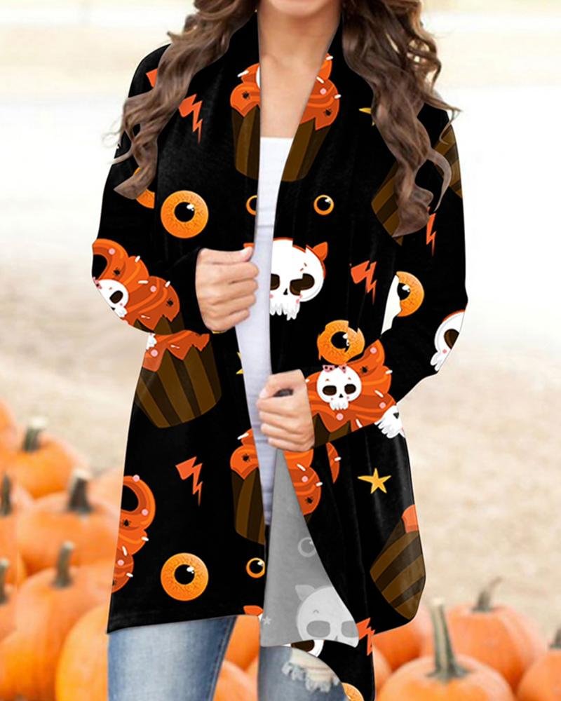 Halloween Scary Pumpkin And Skull Printing Casual Open Front Cardigan