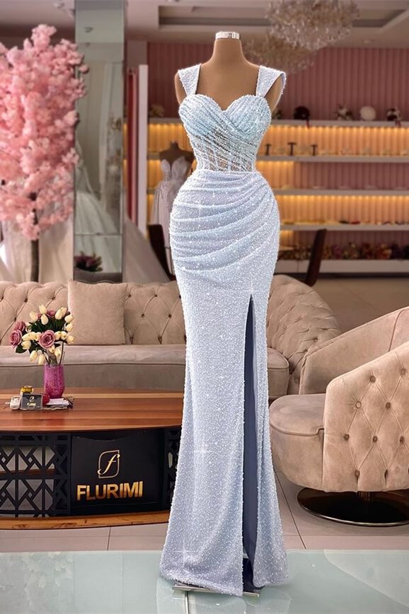 Luluslly Straps Sequins Beads Mermaid Evening Dress Sweetheart With Slit