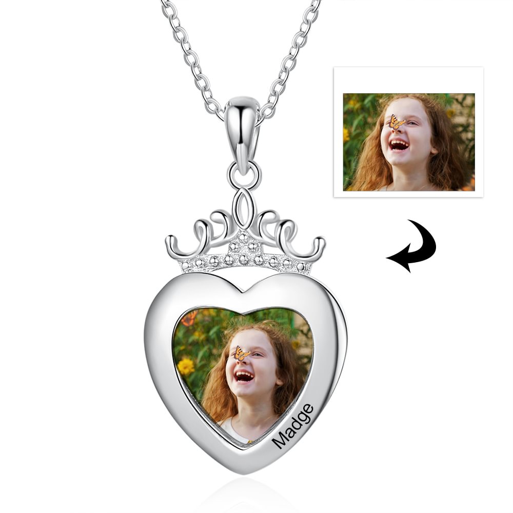 Custom Crown Heart Picture Pendant Necklace, Personalized Necklace with Picture