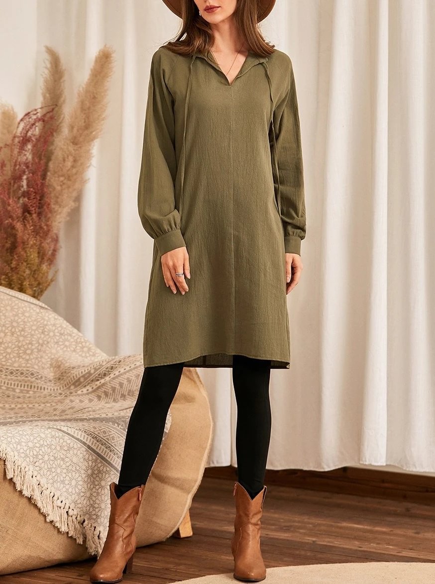 Pure Color Cotton And Linen Lace Casual Loose V-neck Puff Sleeve Dress-Corachic