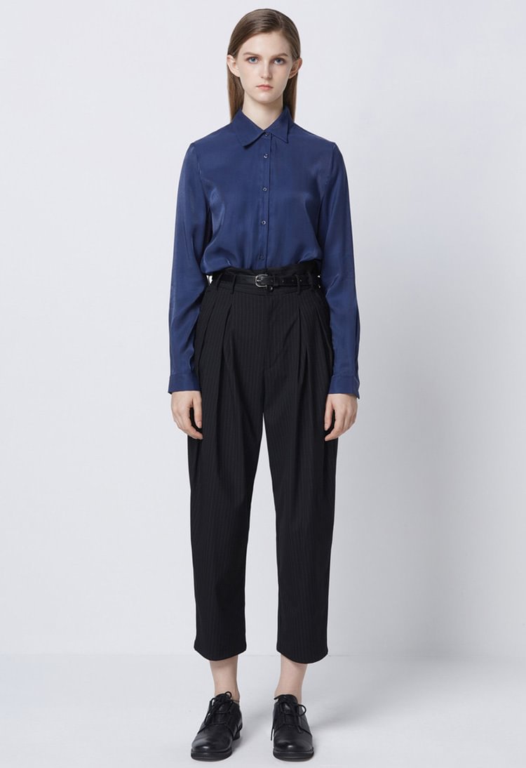 SDEER Striped pleated high-waist commuter trousers with vintage belt
