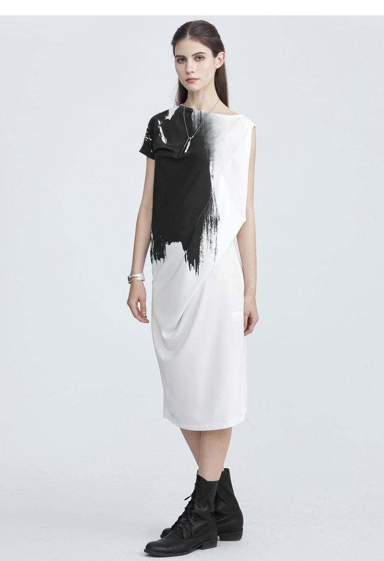 SDEER Personalized round neck asymmetric ink smudge dress