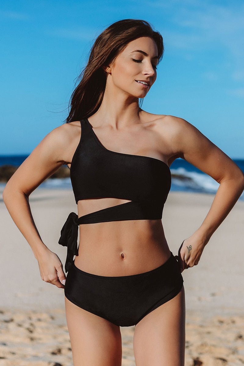 Ceceliam One Shoulder Wrap Solid Black Bikini Set