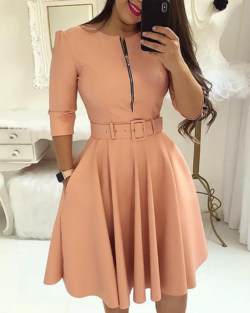 Solid Zipper Up Belted Pleated Casual Dress P15349
