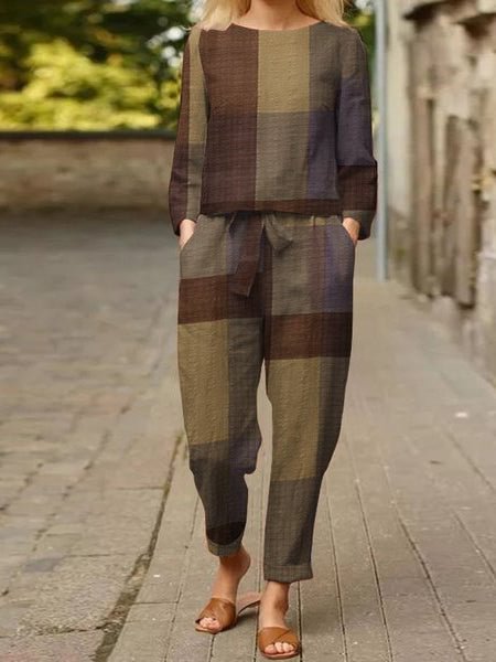 Long Sleeve Grid Printed O Neck Tops Wide Leg Pants Suits