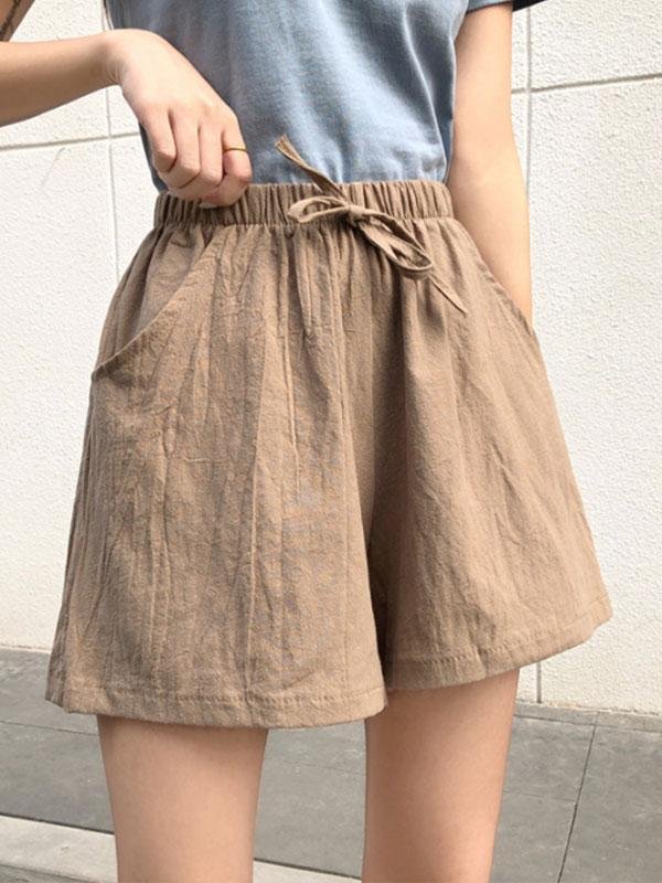 Women's plus size cotton and linen high waist lace-up shorts-Mayoulove