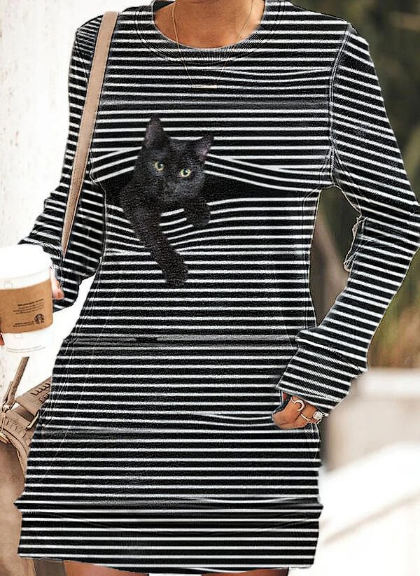Women's Cat Print Sweatshirt Dress