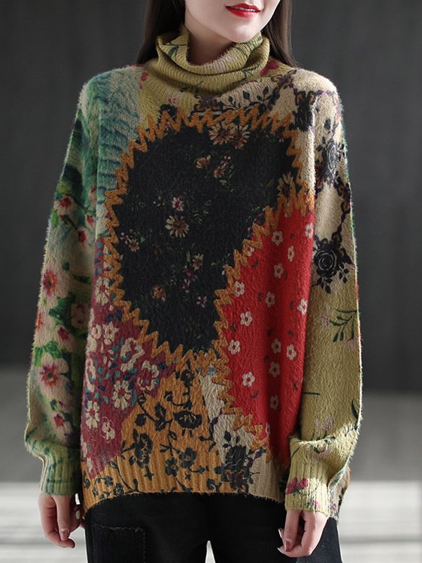 Vintage Floral High-Neck Long Sleeve Pullover Sweater