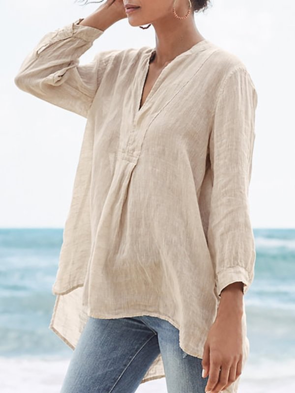 Casual Solid Color Thin Cotton V-Neck Long Sleeve Top