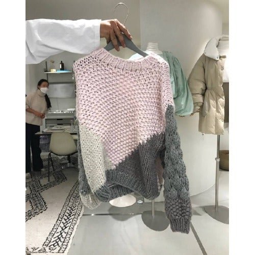 Loose Contrast Color Linen Sweater Women's Knitted Foreign Style Pullover Top-Corachic
