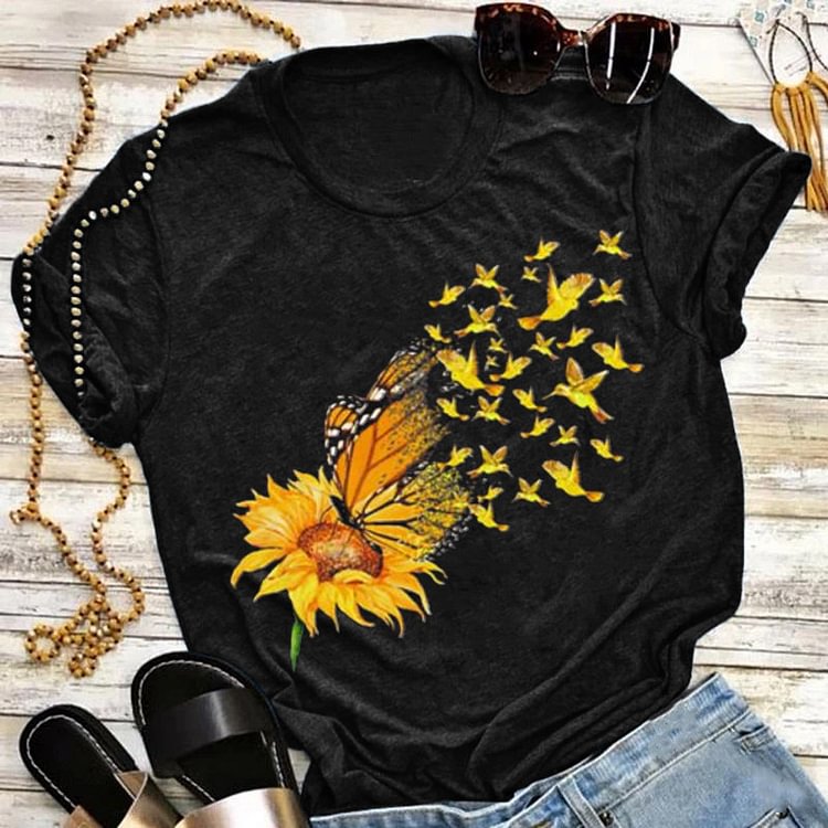 BrosWear Women's Sunflower Print Crewneck Short Sleeve T-Shirt
