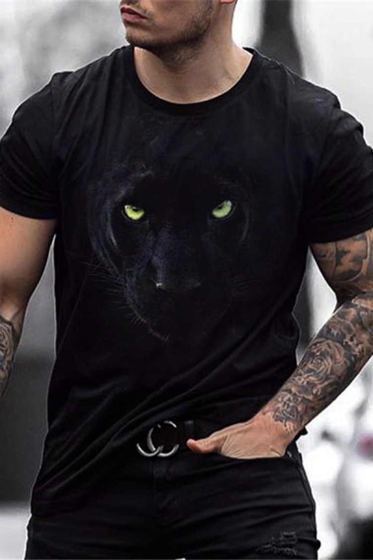 Tiboyz Loose Crew Neck Black Panther Digital 3D Print Short Sleeve T-Shirt