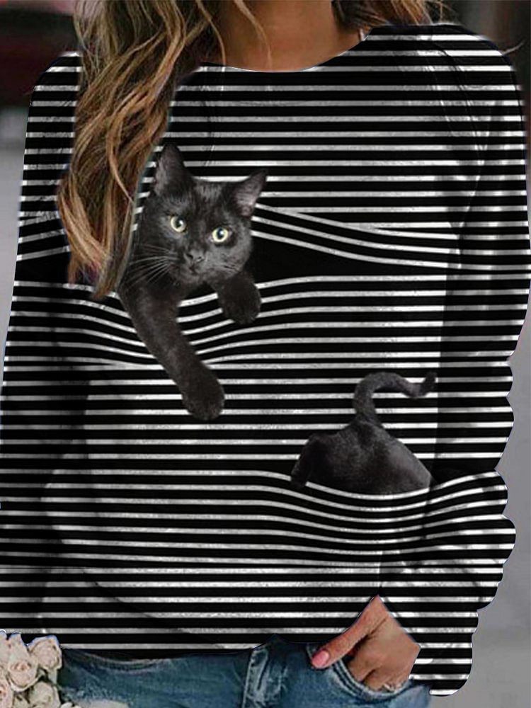 Cat Pattern Long Sleeve Striped Blouses Shirts