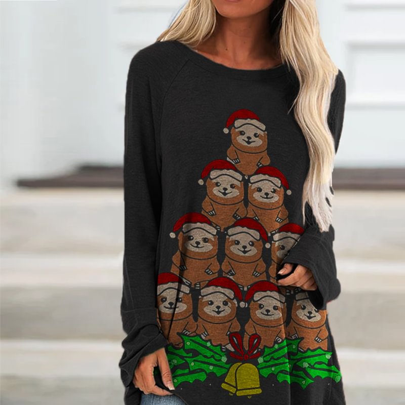 Christmas Animals Printed Casual Long-Sleeved T-shirt