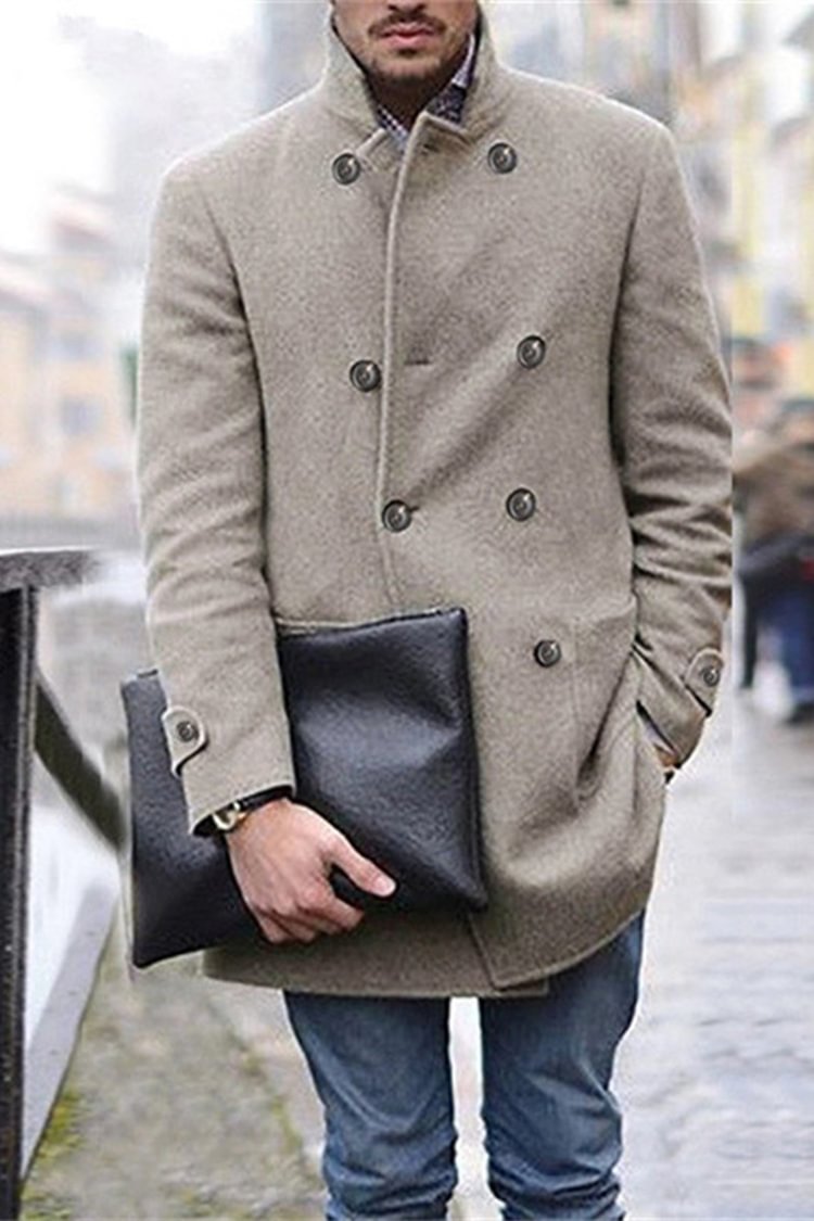 Tiboyz Men's Solid Color Casual Mid-Length Woolen Coat